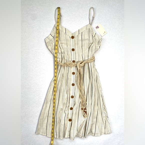 So Women’s Cream Button Up Spaghetti Strap Stripe Belted V-Neck Dress Size M NWT - Picture 9 of 12